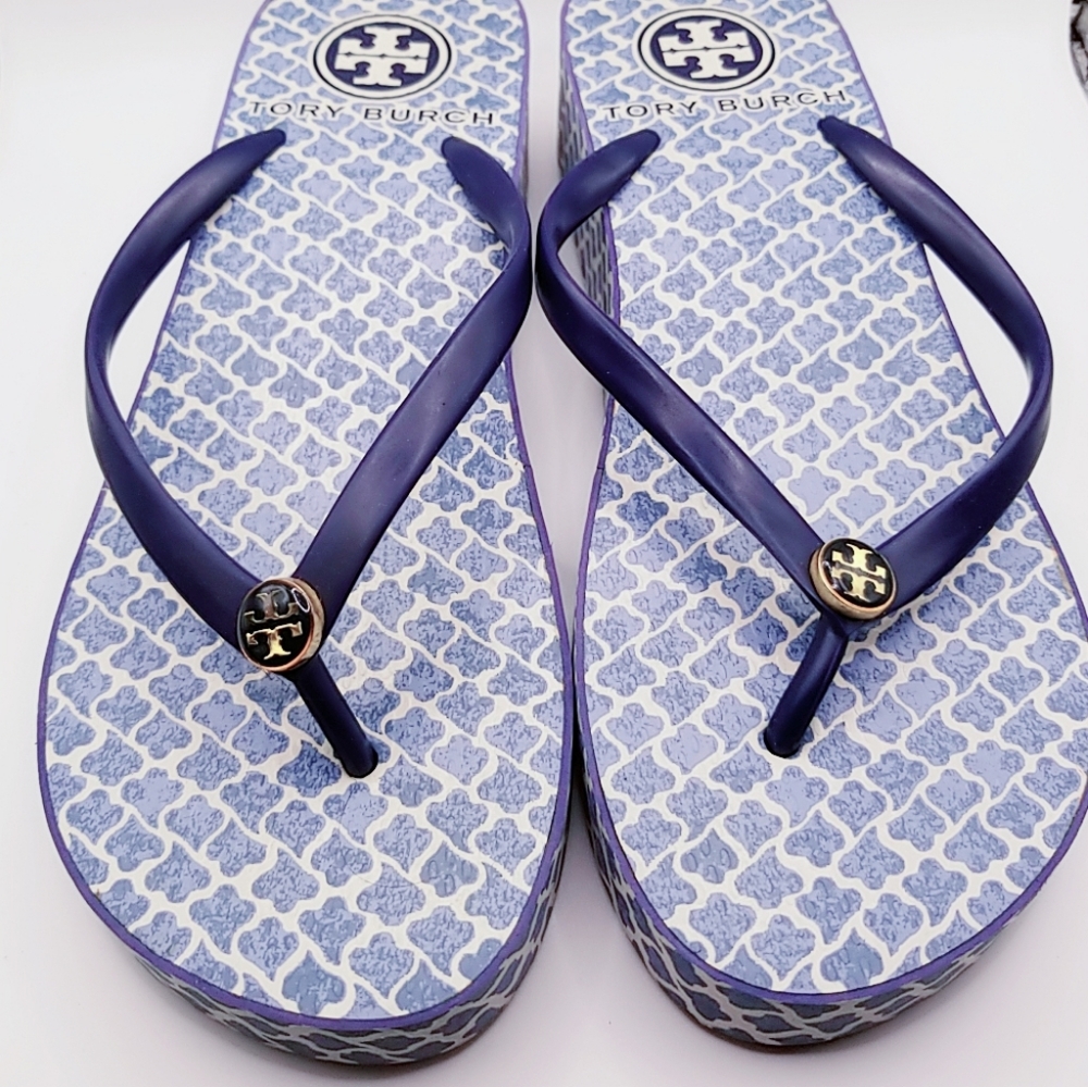 Tory Burch Blue Thandie Wedge Flip Flops